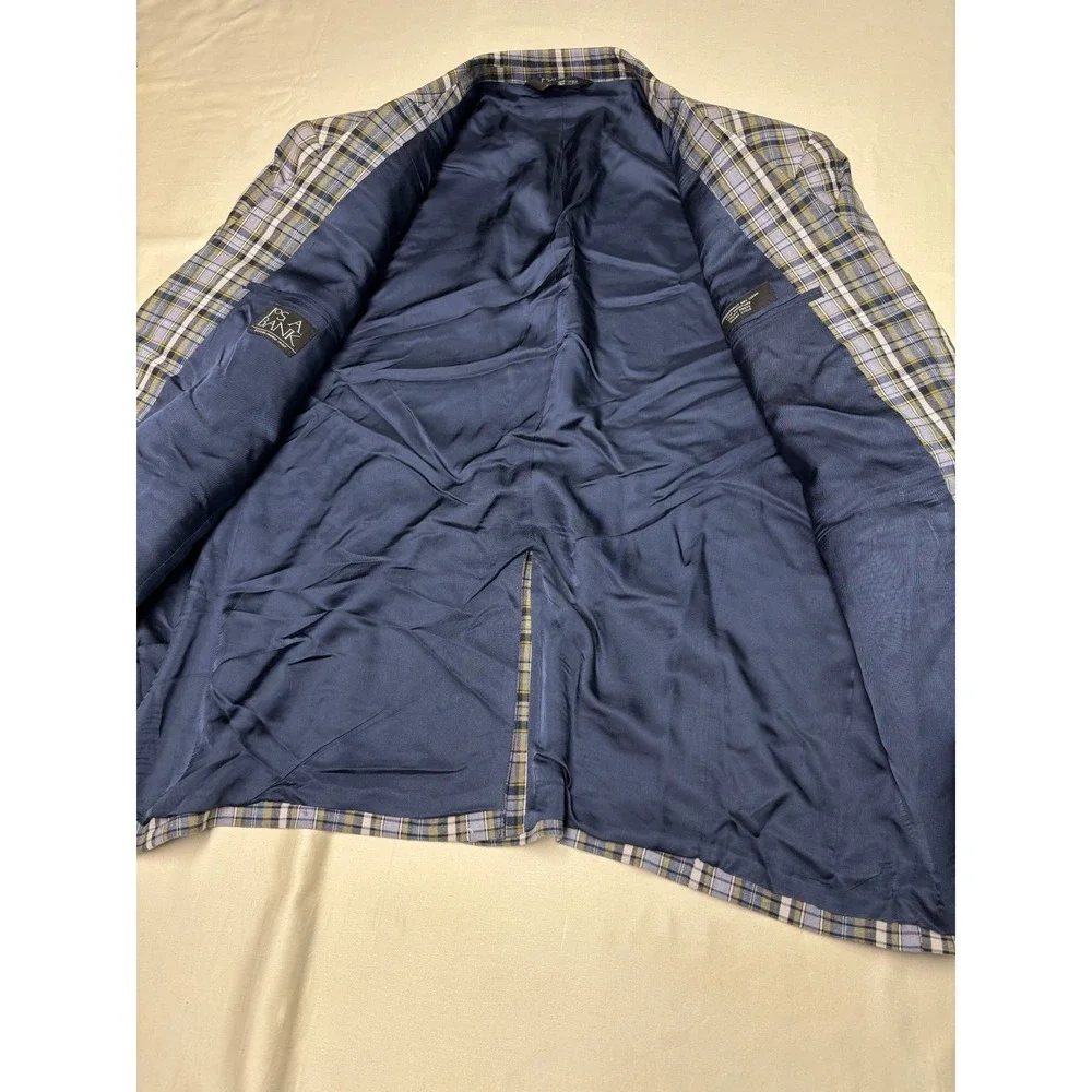 Jos A Bank Mens 44S Plaid Sport Coat Blue Green White 100% Cotton Blazer